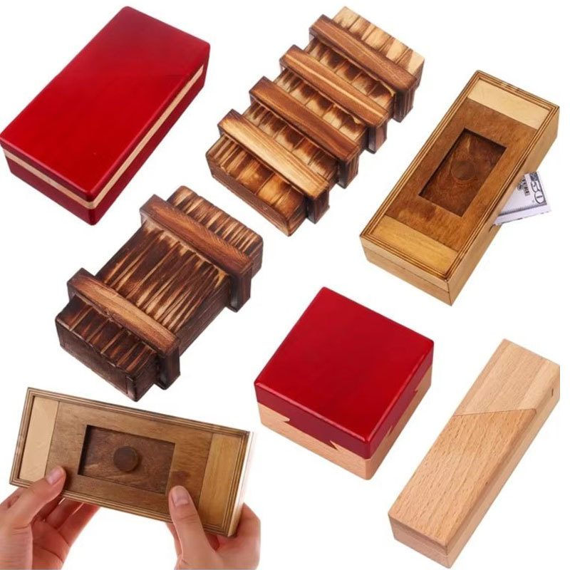 Brain Teaser Cube - صندوق ألغاز خشبي مع حجرة سرية